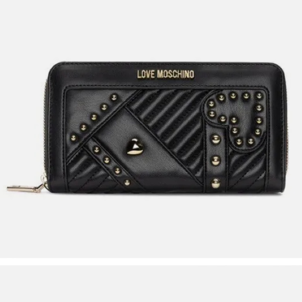Love Moschino Logo Heart Wallet Zip Around Studded
